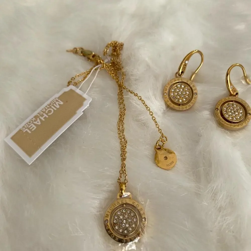 Michael Kors Gold Tone Crystal Pendant Necklace and Earrings Set_4